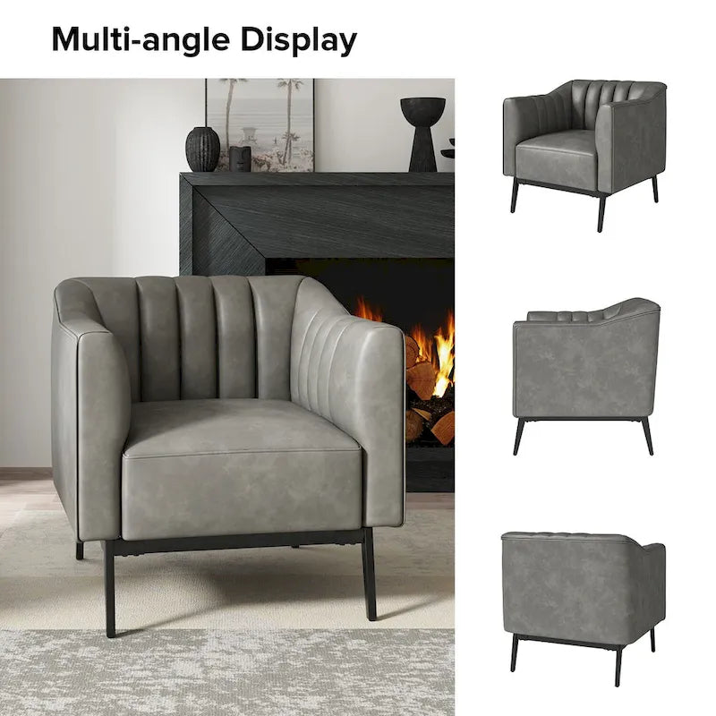Fauteuil d'appoint en similicuir capitonné à fines nervures, bleu marine/gris/camel/marron/noir, pieds en métal, lot de 2