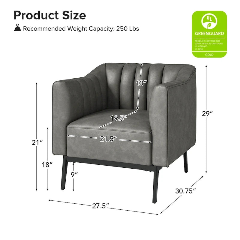 Fauteuil d'appoint en similicuir capitonné à fines nervures, bleu marine/gris/camel/marron/noir, pieds en métal, lot de 2