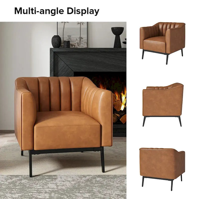 Fauteuil d'appoint en similicuir capitonné à fines nervures, bleu marine/gris/camel/marron/noir, pieds en métal, lot de 2