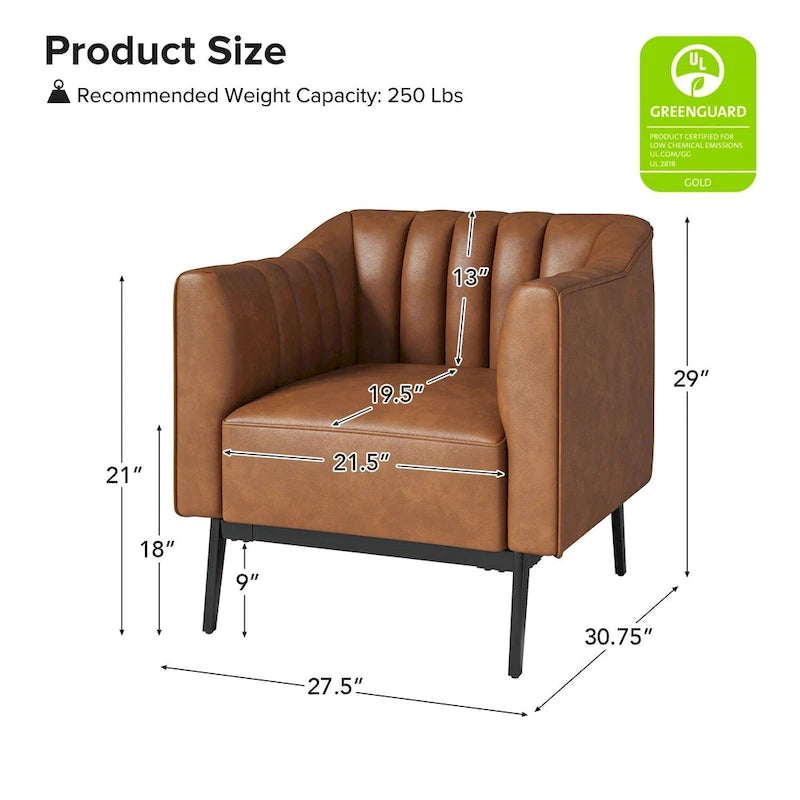 Fauteuil d'appoint en similicuir capitonné à fines nervures, bleu marine/gris/camel/marron/noir, pieds en métal, lot de 2