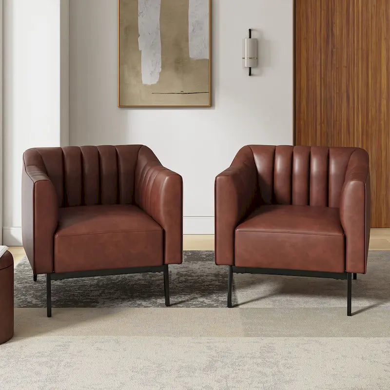 Fauteuil d'appoint en similicuir capitonné à fines nervures, bleu marine/gris/camel/marron/noir, pieds en métal, lot de 2