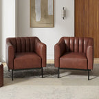 Fauteuil d'appoint en similicuir capitonné à fines nervures, bleu marine/gris/camel/marron/noir, pieds en métal, lot de 2