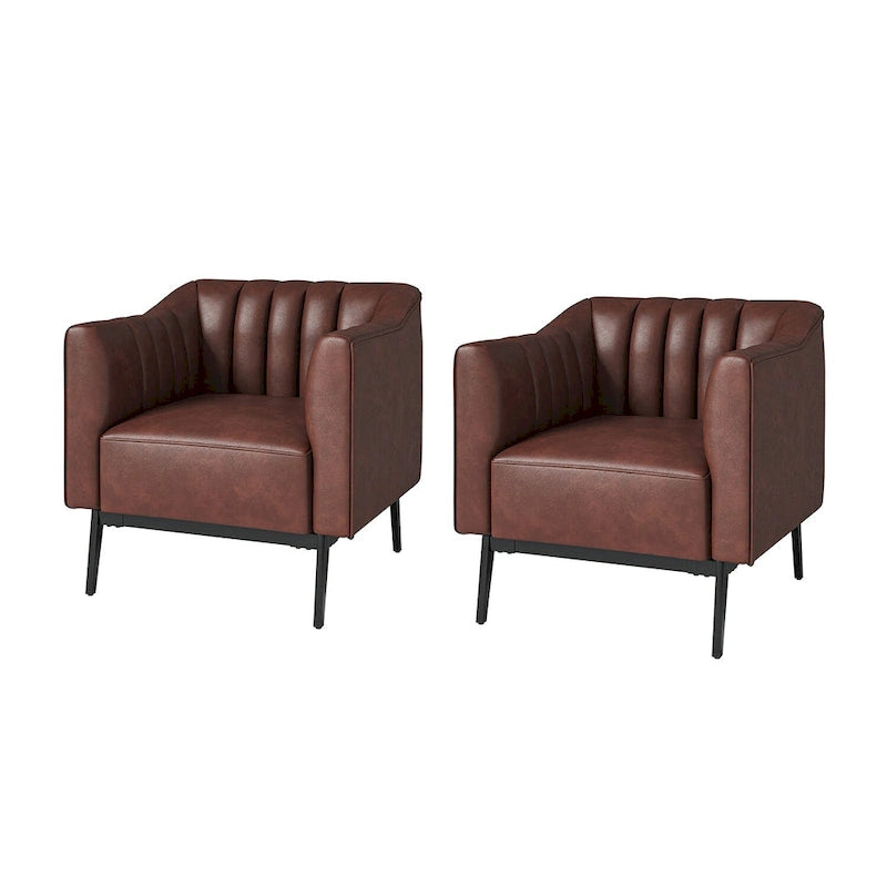 Fauteuil d'appoint en similicuir capitonné à fines nervures, bleu marine/gris/camel/marron/noir, pieds en métal, lot de 2