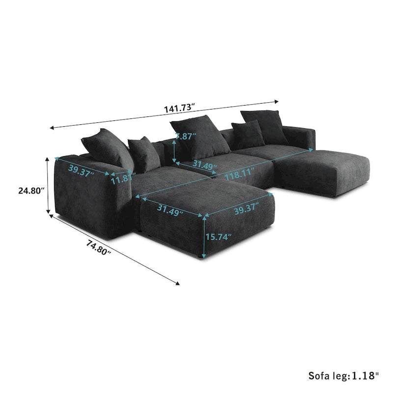 Canapé modulaire en velours côtelé en forme de U de 359,99 cm, grand canapé confortable