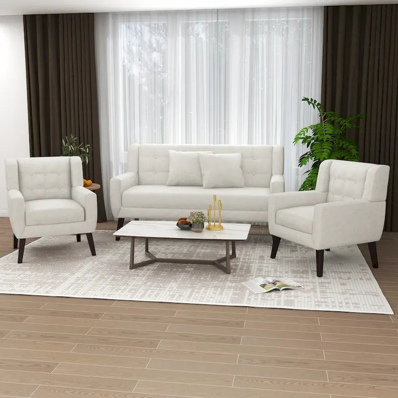 Ensemble causeuse et fauteuil 3 pièces en lin capitonné, beige/gris/jaune/bleu/blanc/bleu clair, 3 places et plus