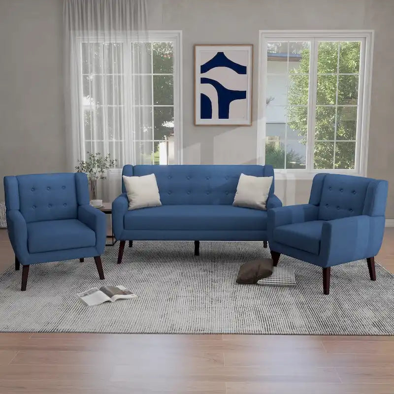 Ensemble causeuse et fauteuil 3 pièces en lin capitonné, beige/gris/jaune/bleu/blanc/bleu clair, 3 places et plus