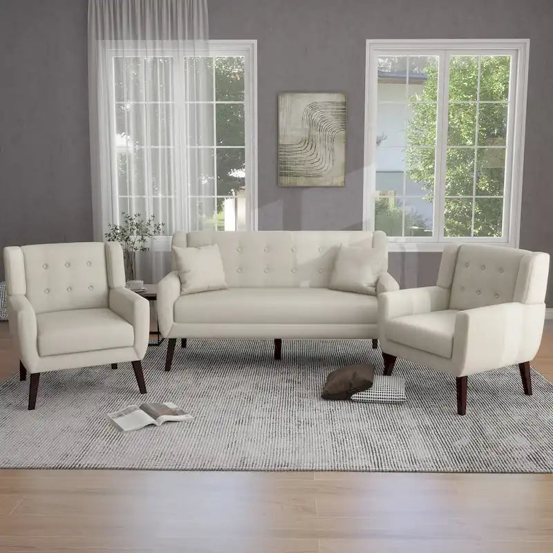 Ensemble causeuse et fauteuil 3 pièces en lin capitonné, beige/gris/jaune/bleu/blanc/bleu clair, 3 places et plus