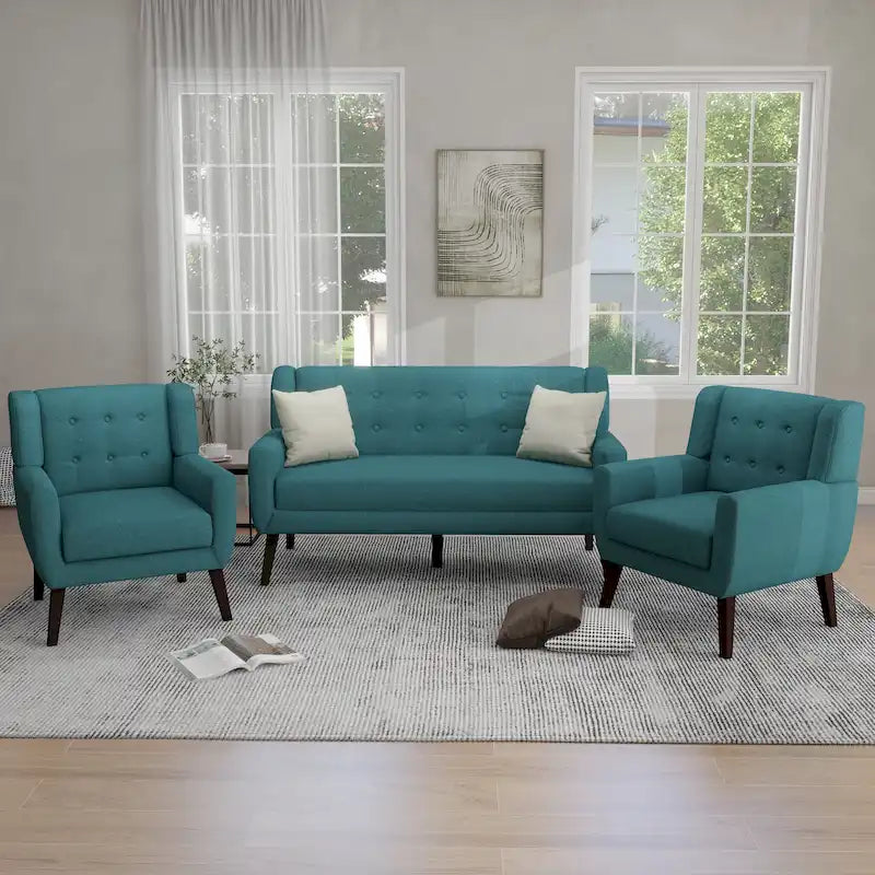 Ensemble causeuse et fauteuil 3 pièces en lin capitonné, beige/gris/jaune/bleu/blanc/bleu clair, 3 places et plus