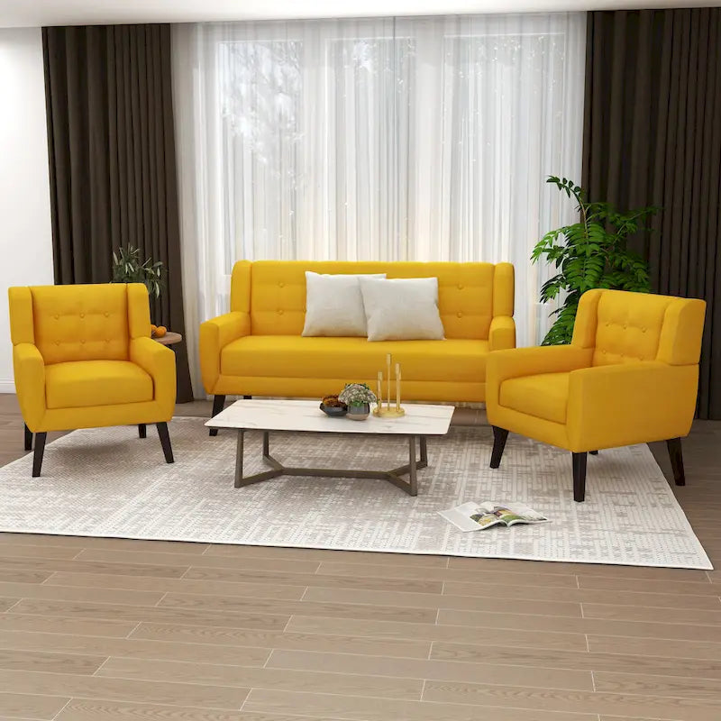 Ensemble causeuse et fauteuil 3 pièces en lin capitonné, beige/gris/jaune/bleu/blanc/bleu clair, 3 places et plus