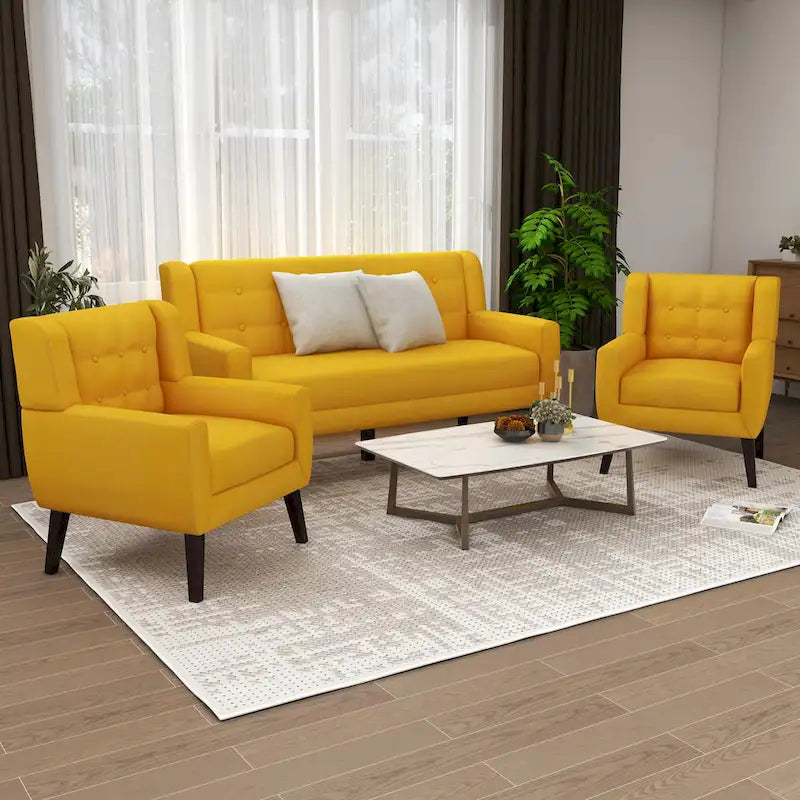 Ensemble causeuse et fauteuil 3 pièces en lin capitonné, beige/gris/jaune/bleu/blanc/bleu clair, 3 places et plus