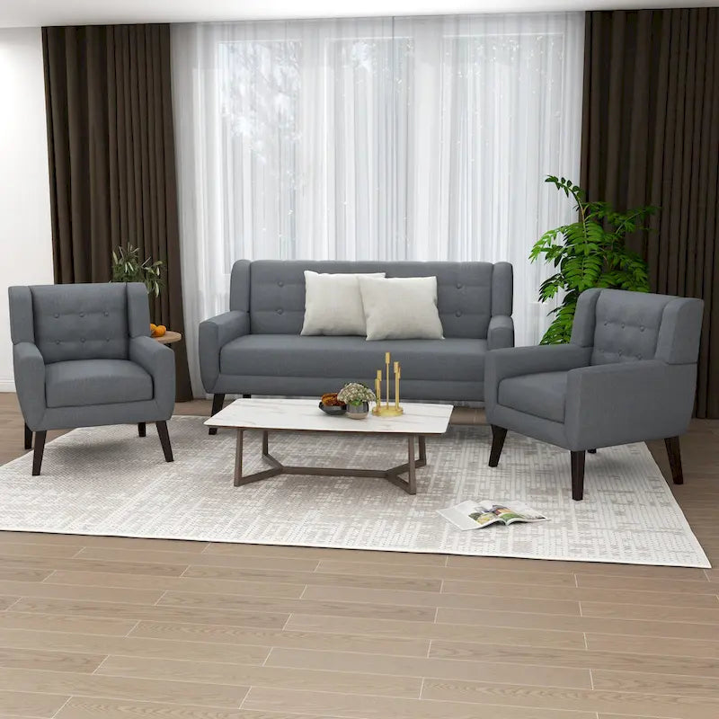 Ensemble causeuse et fauteuil 3 pièces en lin capitonné, beige/gris/jaune/bleu/blanc/bleu clair, 3 places et plus