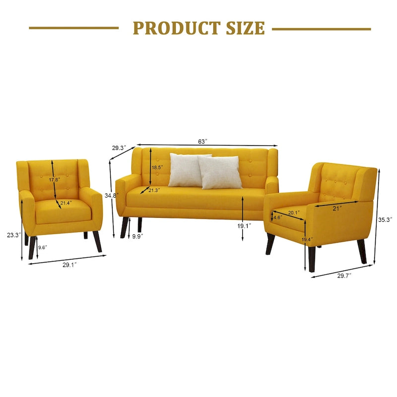 Ensemble causeuse et fauteuil 3 pièces en lin capitonné, beige/gris/jaune/bleu/blanc/bleu clair, 3 places et plus