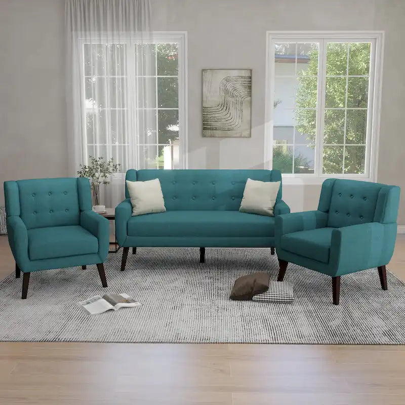 Ensemble causeuse et fauteuil 3 pièces en lin capitonné, beige/gris/jaune/bleu/blanc/bleu clair, 3 places et plus