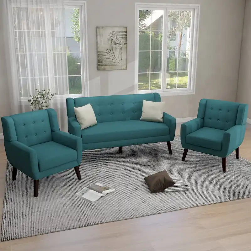 Ensemble causeuse et fauteuil 3 pièces en lin capitonné, beige/gris/jaune/bleu/blanc/bleu clair, 3 places et plus