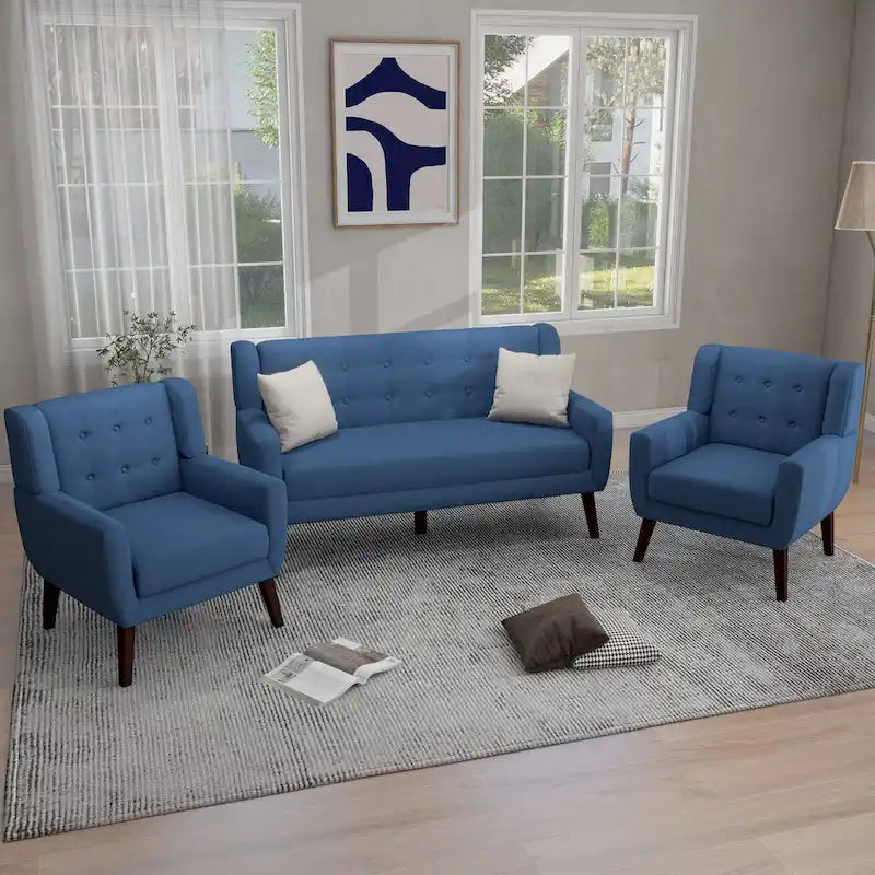Ensemble causeuse et fauteuil 3 pièces en lin capitonné, beige/gris/jaune/bleu/blanc/bleu clair, 3 places et plus