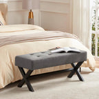 Banc d'entrée capitonné, Polyester, Pieds en bois en X, 89,9 cm L, 136 kg, 1-2 places, Gris/Blanc/Beige