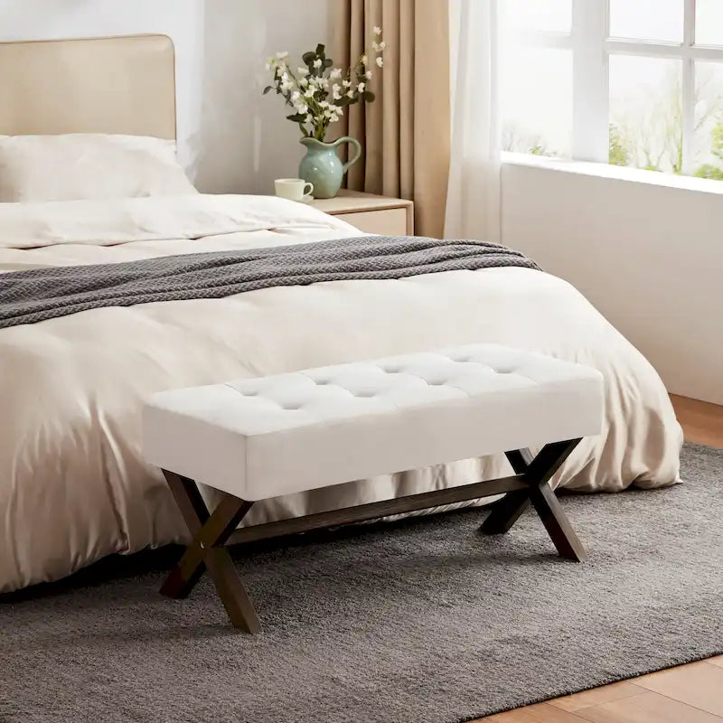 Banc d'entrée capitonné, Polyester, Pieds en bois en X, 89,9 cm L, 136 kg, 1-2 places, Gris/Blanc/Beige