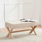 Banc d'entrée capitonné, Polyester, Pieds en bois en X, 89,9 cm L, 136 kg, 1-2 places, Gris/Blanc/Beige