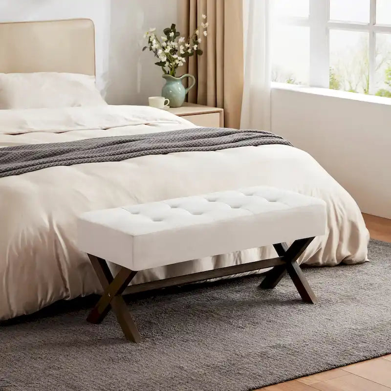 Banc d'entrée capitonné, Polyester, Pieds en bois en X, 89,9 cm L, 136 kg, 1-2 places, Gris/Blanc/Beige