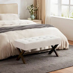 Banc d'entrée capitonné, Polyester, Pieds en bois en X, 89,9 cm L, 136 kg, 1-2 places, Gris/Blanc/Beige