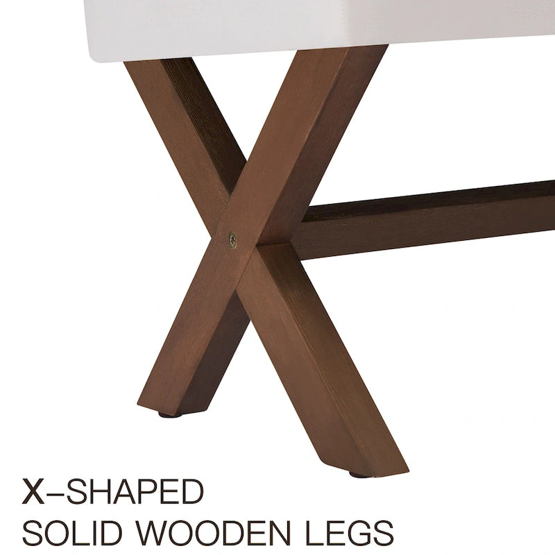 Banc d'entrée capitonné, Polyester, Pieds en bois en X, 89,9 cm L, 136 kg, 1-2 places, Gris/Blanc/Beige