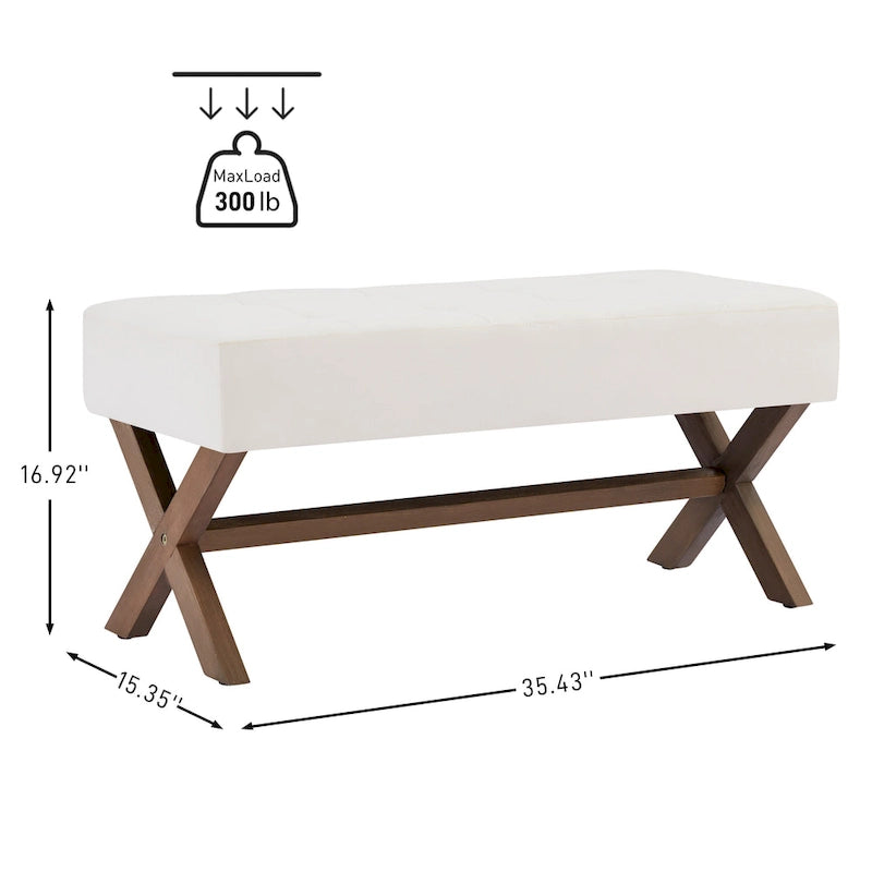 Banc d'entrée capitonné, Polyester, Pieds en bois en X, 89,9 cm L, 136 kg, 1-2 places, Gris/Blanc/Beige