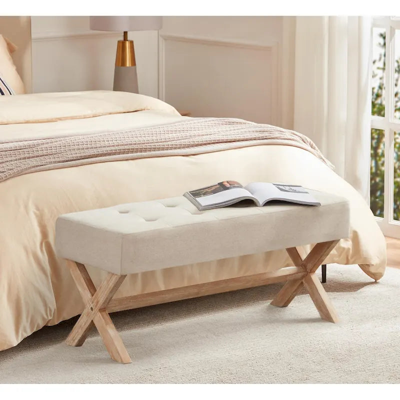 Banc d'entrée capitonné, Polyester, Pieds en bois en X, 89,9 cm L, 136 kg, 1-2 places, Gris/Blanc/Beige