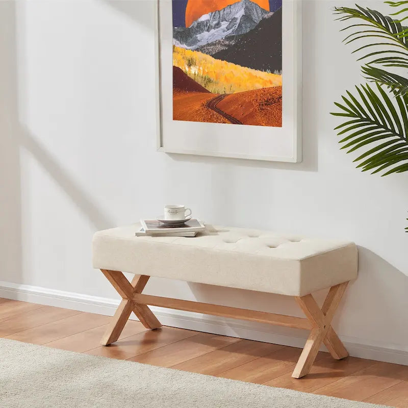 Banc d'entrée capitonné, Polyester, Pieds en bois en X, 89,9 cm L, 136 kg, 1-2 places, Gris/Blanc/Beige