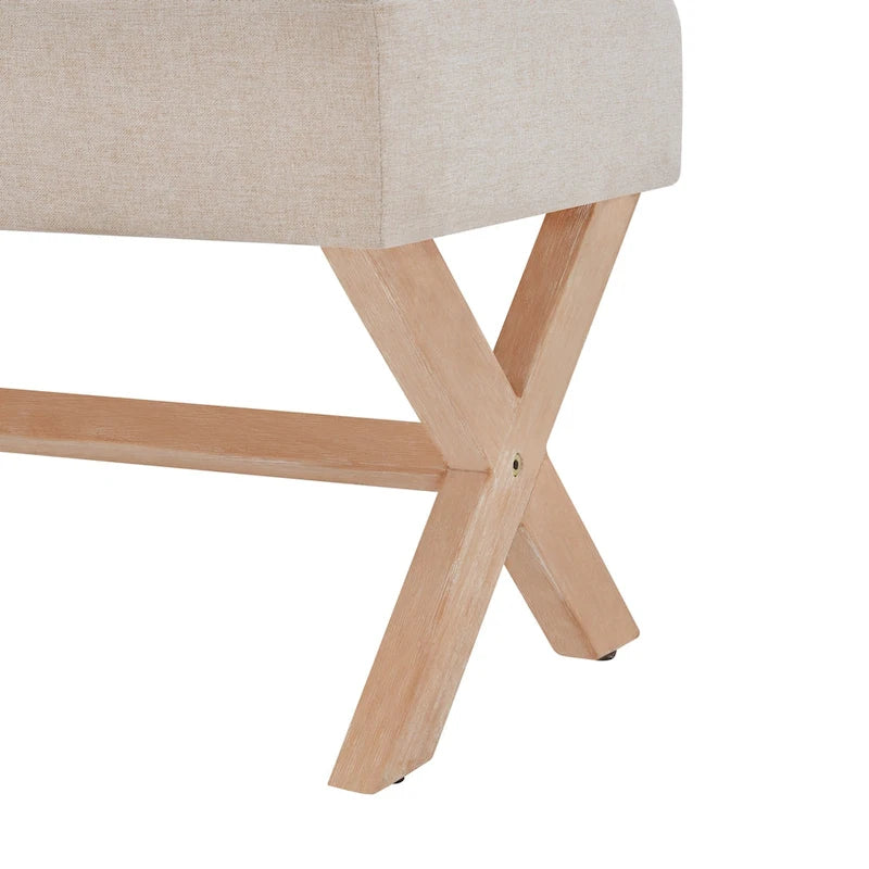 Banc d'entrée capitonné, Polyester, Pieds en bois en X, 89,9 cm L, 136 kg, 1-2 places, Gris/Blanc/Beige