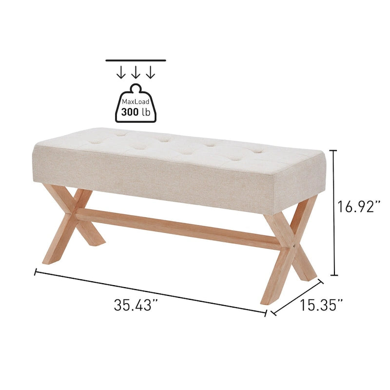 Banc d'entrée capitonné, Polyester, Pieds en bois en X, 89,9 cm L, 136 kg, 1-2 places, Gris/Blanc/Beige