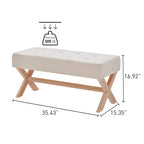 Banc d'entrée capitonné, Polyester, Pieds en bois en X, 89,9 cm L, 136 kg, 1-2 places, Gris/Blanc/Beige