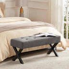 Banc d'entrée capitonné, Polyester, Pieds en bois en X, 89,9 cm L, 136 kg, 1-2 places, Gris/Blanc/Beige