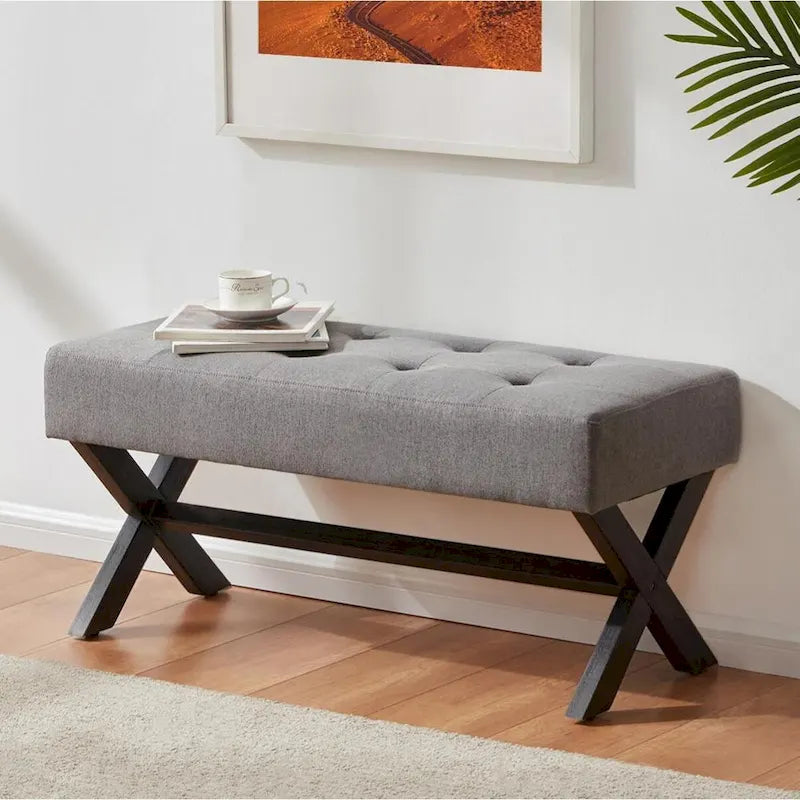 Banc d'entrée capitonné, Polyester, Pieds en bois en X, 89,9 cm L, 136 kg, 1-2 places, Gris/Blanc/Beige