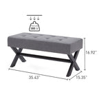 Banc d'entrée capitonné, Polyester, Pieds en bois en X, 89,9 cm L, 136 kg, 1-2 places, Gris/Blanc/Beige