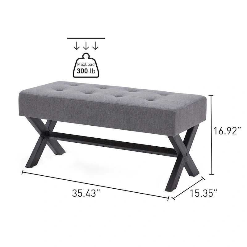 Banc d'entrée capitonné, Polyester, Pieds en bois en X, 89,9 cm L, 136 kg, 1-2 places, Gris/Blanc/Beige