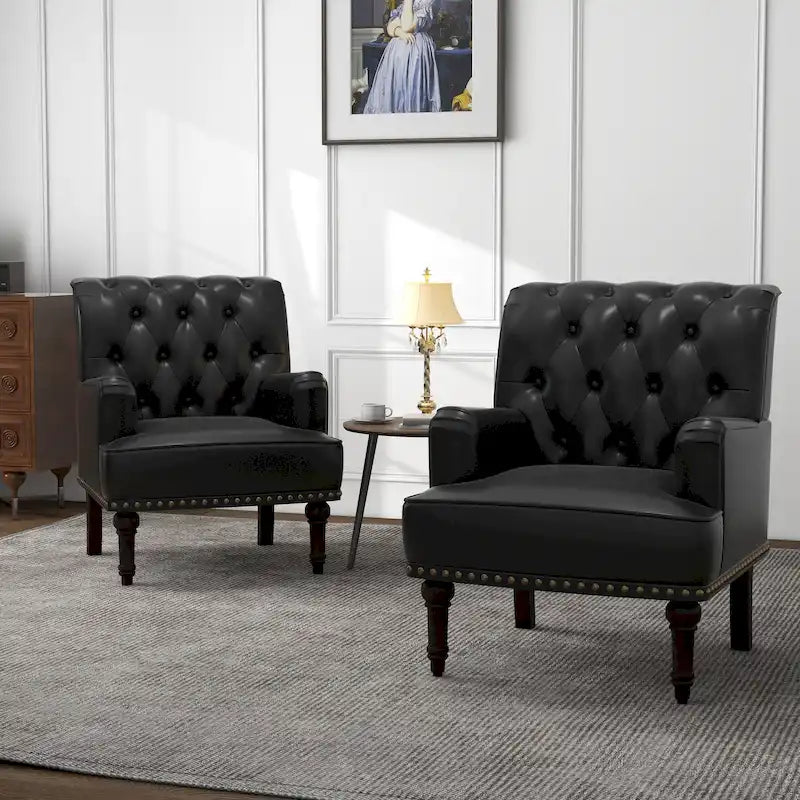 Fauteuil d'appoint en similicuir capitonné, noir/marron/beige, clous décoratifs, 1 place