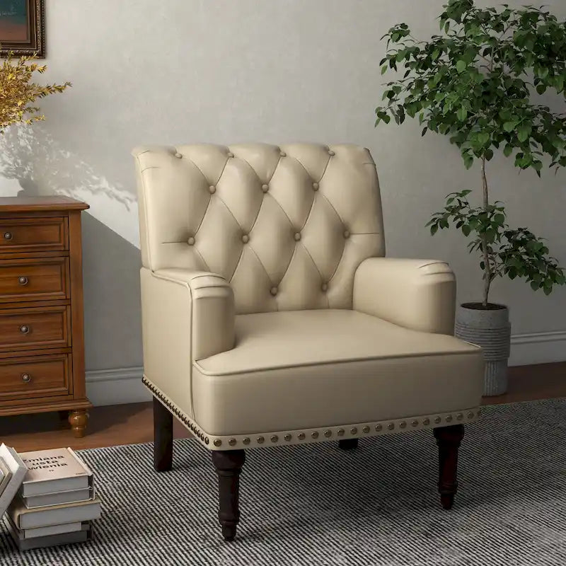 Fauteuil d'appoint en similicuir capitonné, noir/marron/beige, clous décoratifs, 1 place