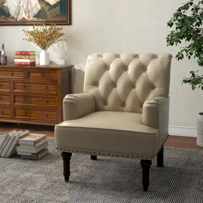 Fauteuil d'appoint en similicuir capitonné, noir/marron/beige, clous décoratifs, 1 place