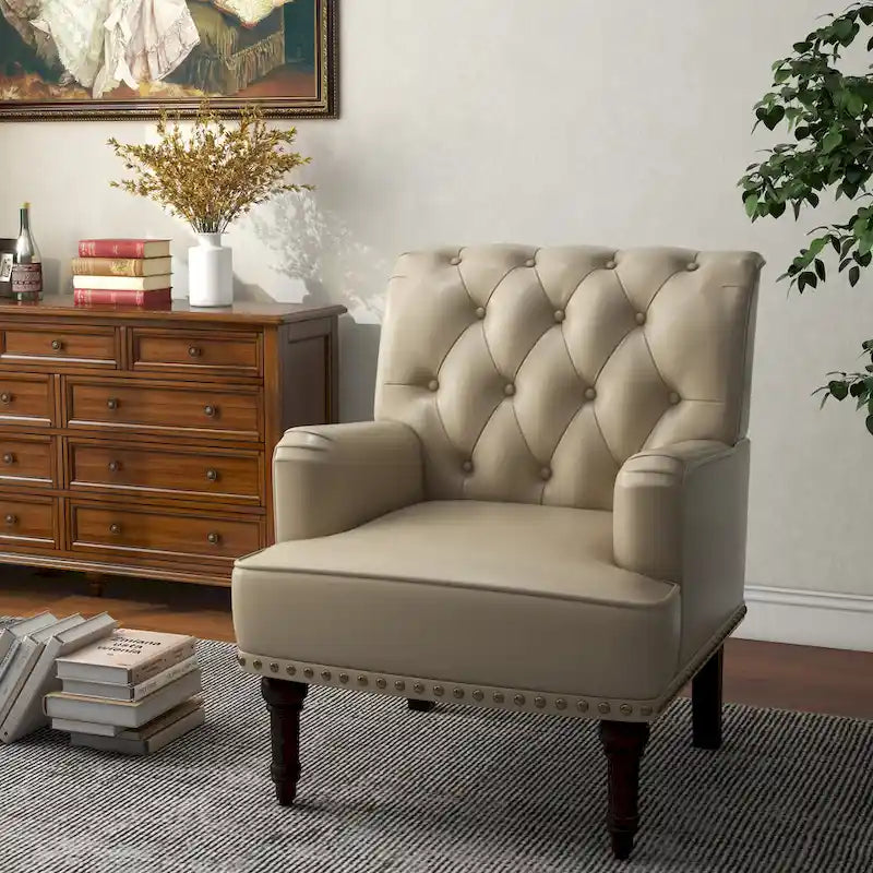 Fauteuil d'appoint en similicuir capitonné, noir/marron/beige, clous décoratifs, 1 place