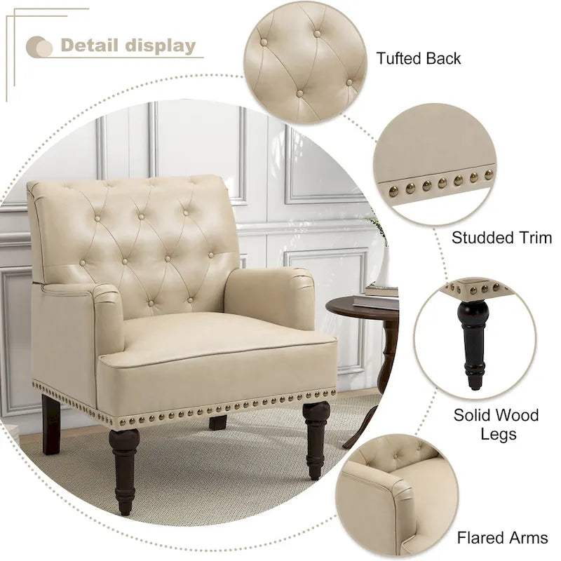 Fauteuil d'appoint en similicuir capitonné, noir/marron/beige, clous décoratifs, 1 place
