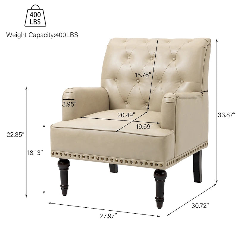 Fauteuil d'appoint en similicuir capitonné, noir/marron/beige, clous décoratifs, 1 place