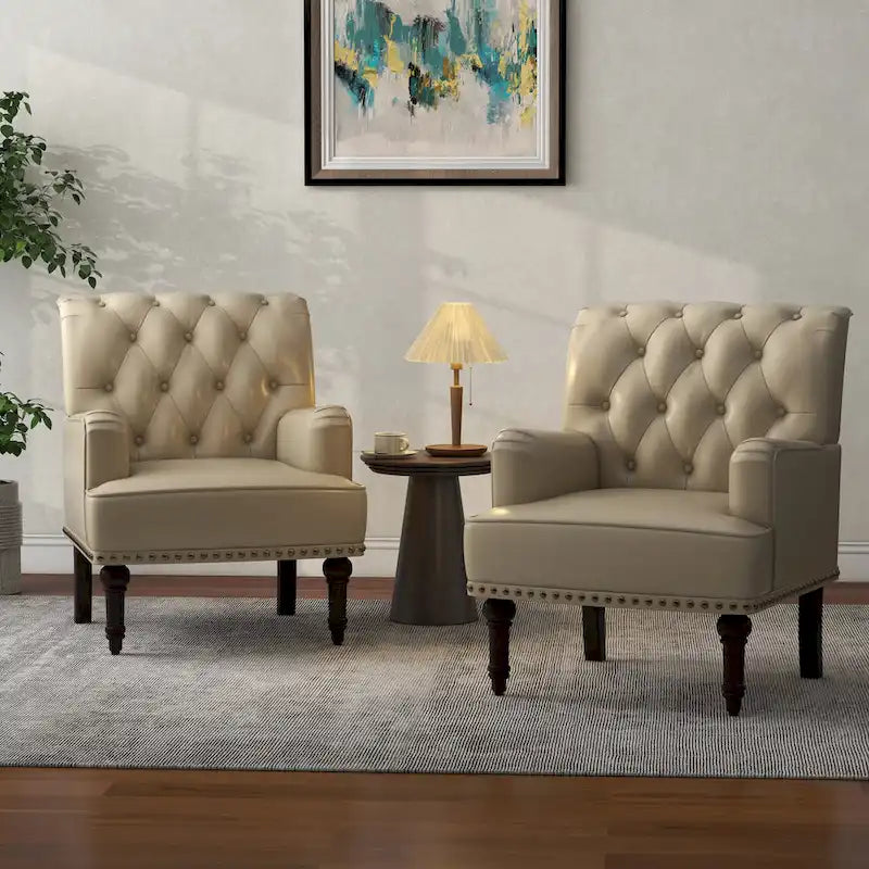 Fauteuil d'appoint en similicuir capitonné, noir/marron/beige, clous décoratifs, 1 place