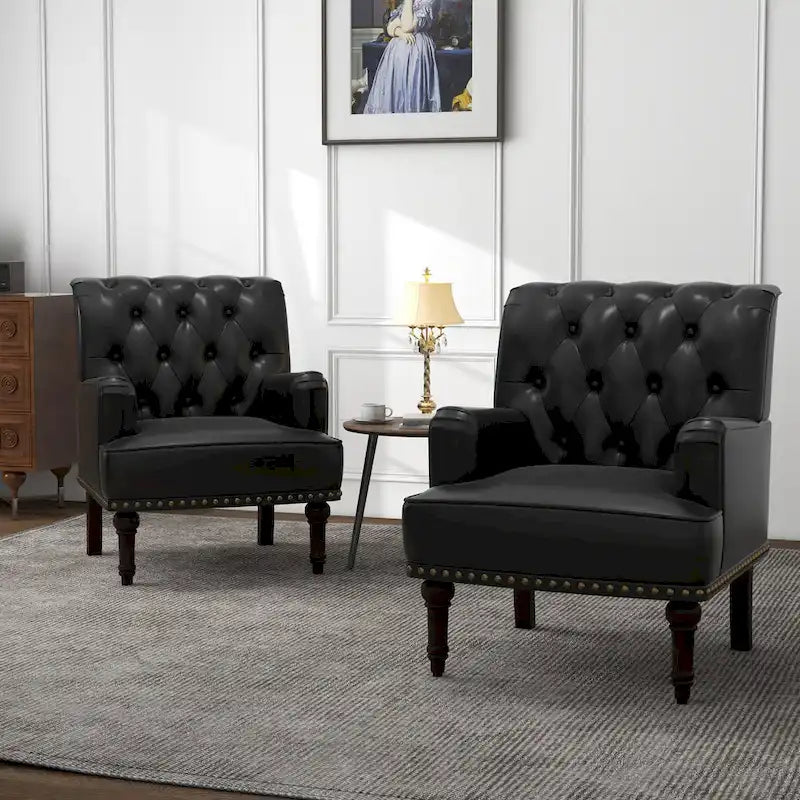 Fauteuil d'appoint en similicuir capitonné, noir/marron/beige, clous décoratifs, 1 place