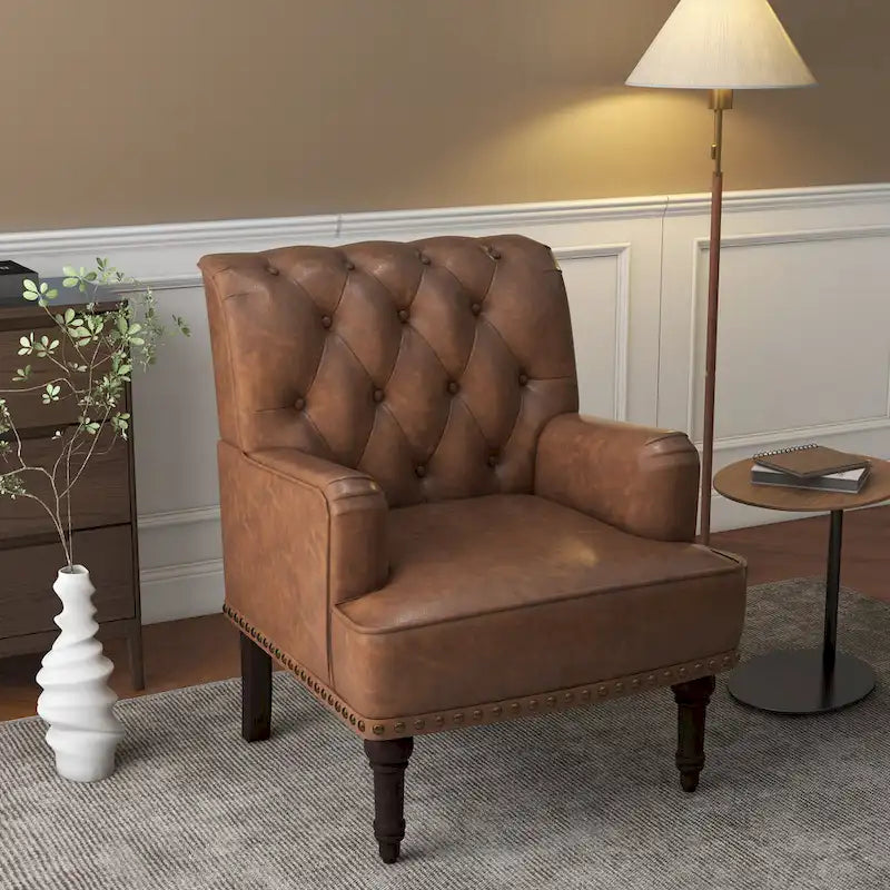 Fauteuil d'appoint en similicuir capitonné, noir/marron/beige, clous décoratifs, 1 place