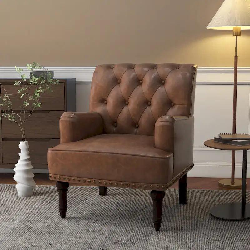 Fauteuil d'appoint en similicuir capitonné, noir/marron/beige, clous décoratifs, 1 place