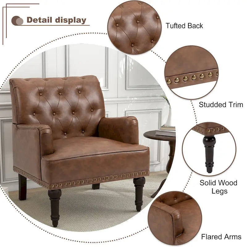 Fauteuil d'appoint en similicuir capitonné, noir/marron/beige, clous décoratifs, 1 place