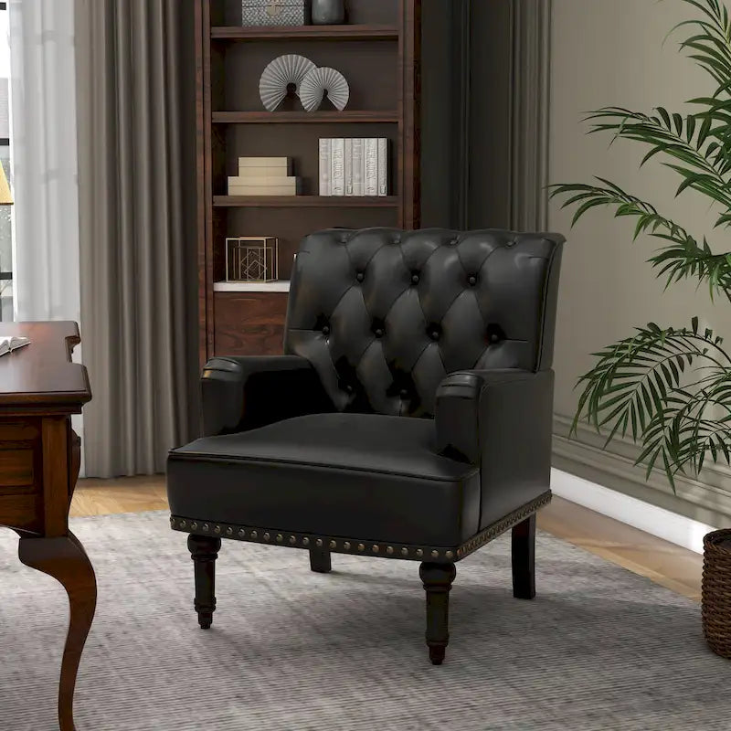 Fauteuil d'appoint en similicuir capitonné, noir/marron/beige, clous décoratifs, 1 place