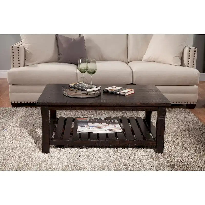 Table basse de ferme avec étagère inférieure, gris/expresso/blanc/noir/miel, bois de pin