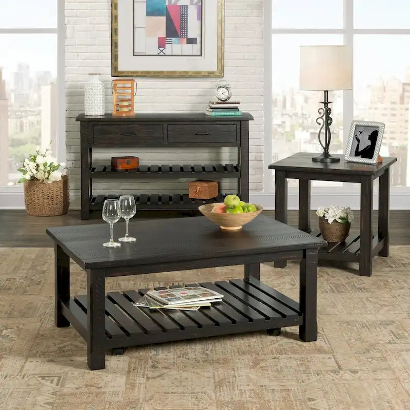 Table basse de ferme avec étagère inférieure, gris/expresso/blanc/noir/miel, bois de pin