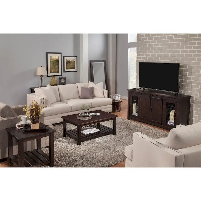 Table basse de ferme avec étagère inférieure, gris/expresso/blanc/noir/miel, bois de pin